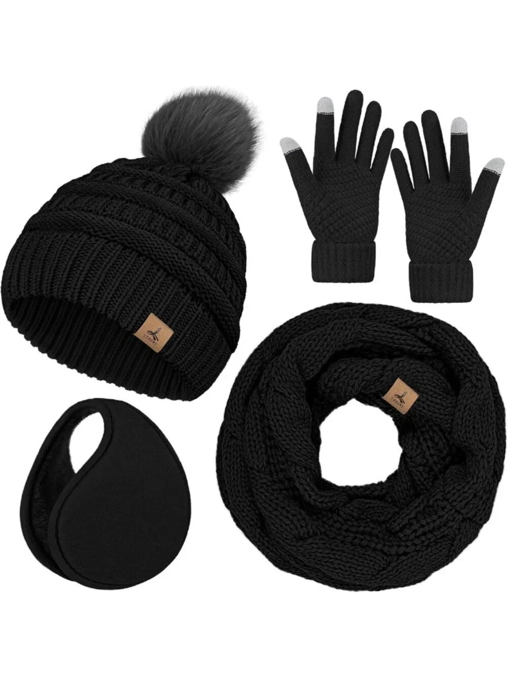 Cozy Winter Beanie, Scarf & Gloves Set with Ear Muffs - Touchscreen, One Size